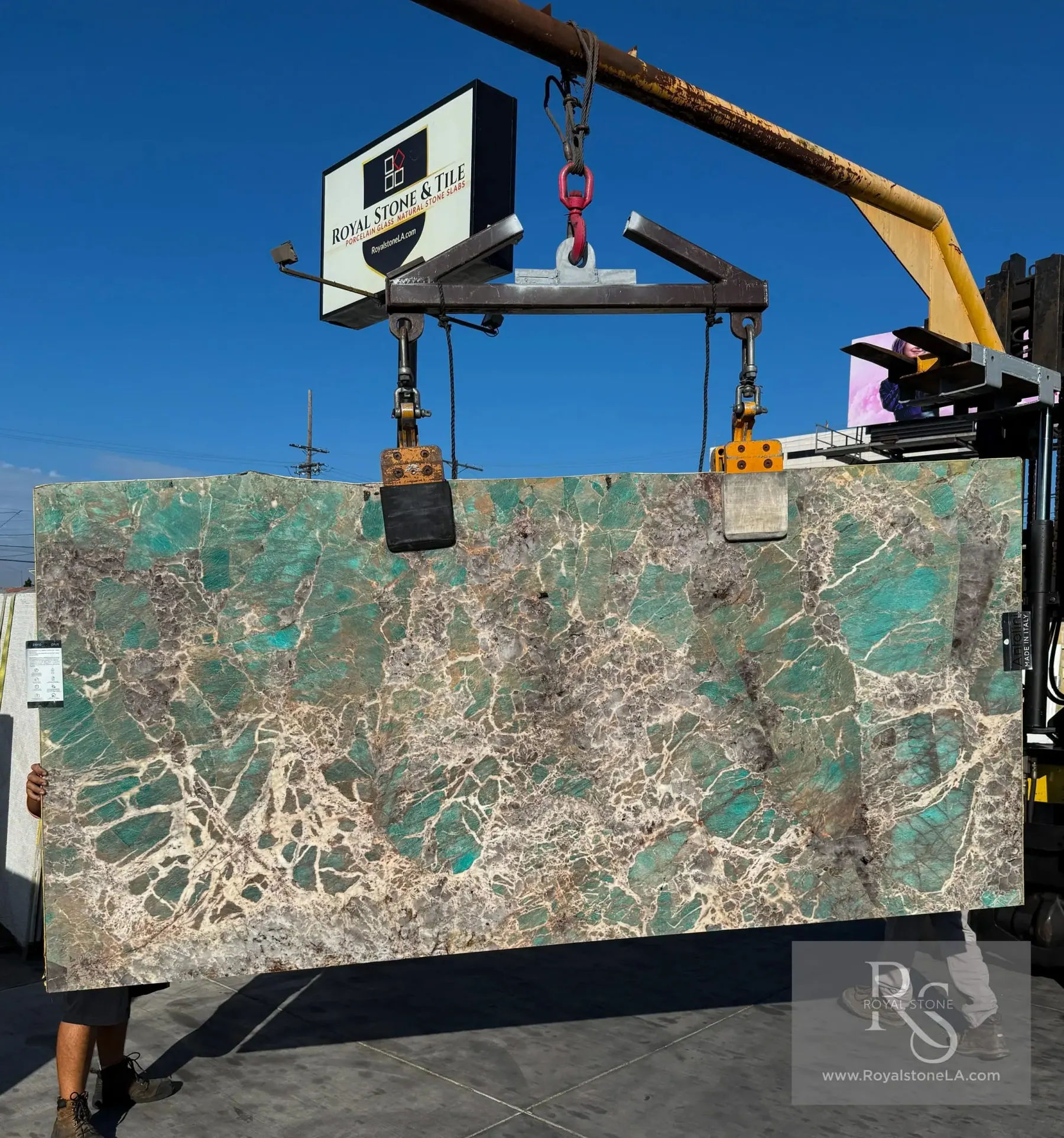 Amazonite slab photographed under Royal Stone’s in-house raking-light photography rig