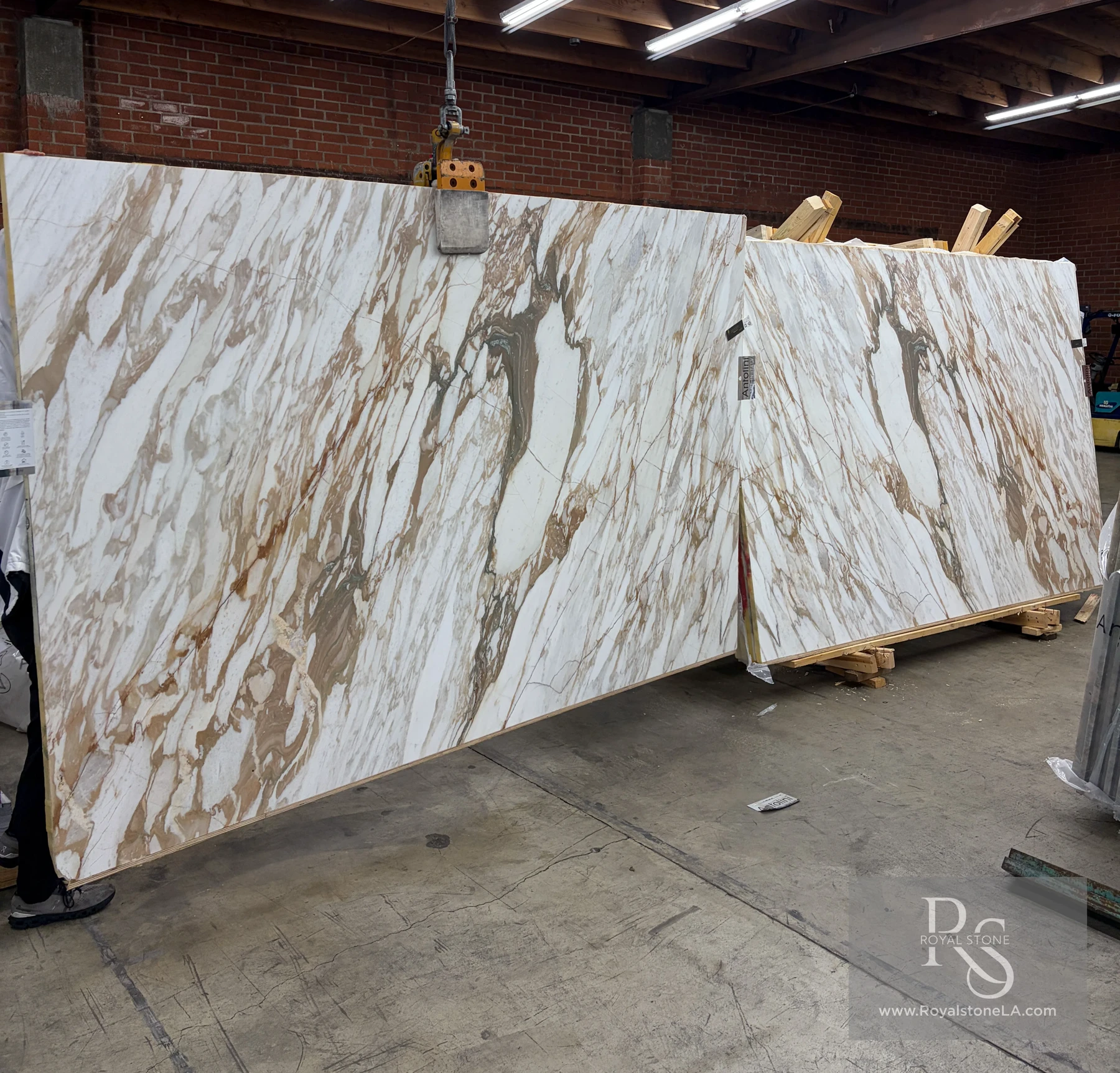 2cm Antolini Calacatta Monet Oro Classic Marble EE505 honed bookmatch slabs, 78 by 121 inches, awaiting seam layout at the Royal Stone yard