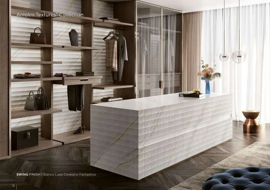Antolini Bianco Lasa Covelano Fantastico marble in Swing Finish, white field with grey and amber passages