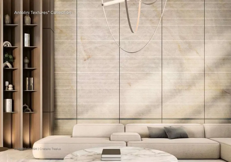 Antolini Cristallo Traslux natural quartz in Striato Finish, near-white translucent field, residential install
