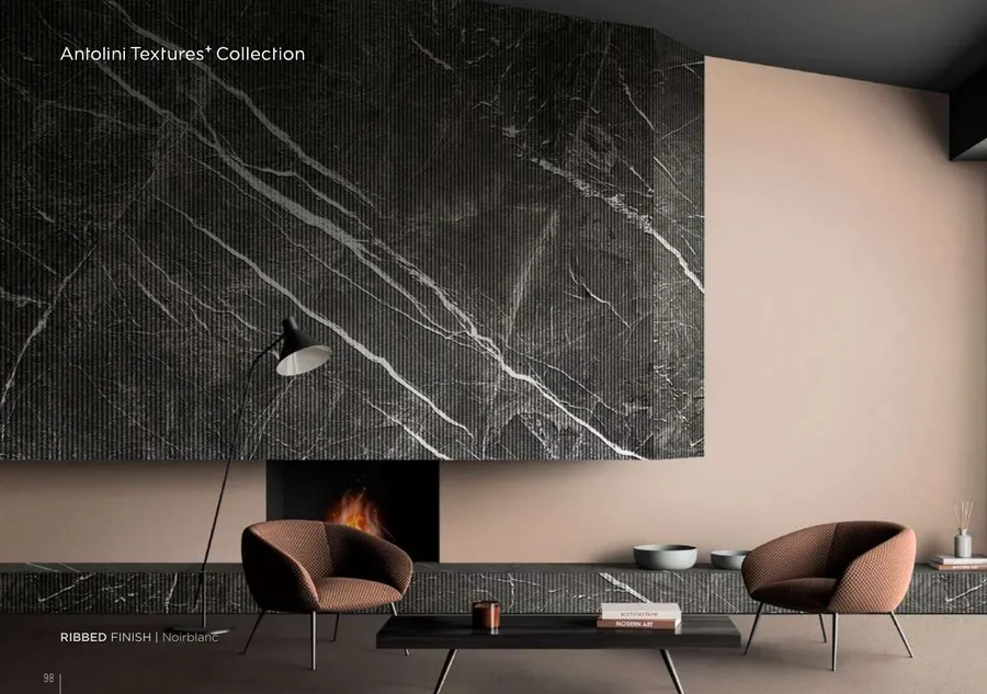 Antolini Noirblanc soft quartzite in Ribbed Finish, deep black field with diagonal white veining