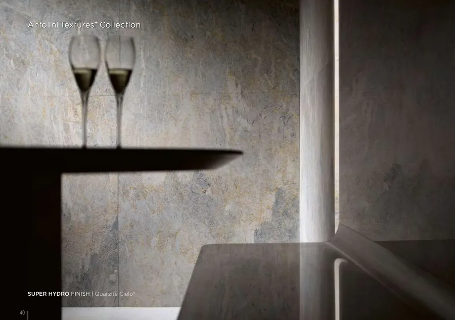 Antolini Quarzite Cielo quartzite in Super Hydro Finish, pale grey-blue field with iron passages