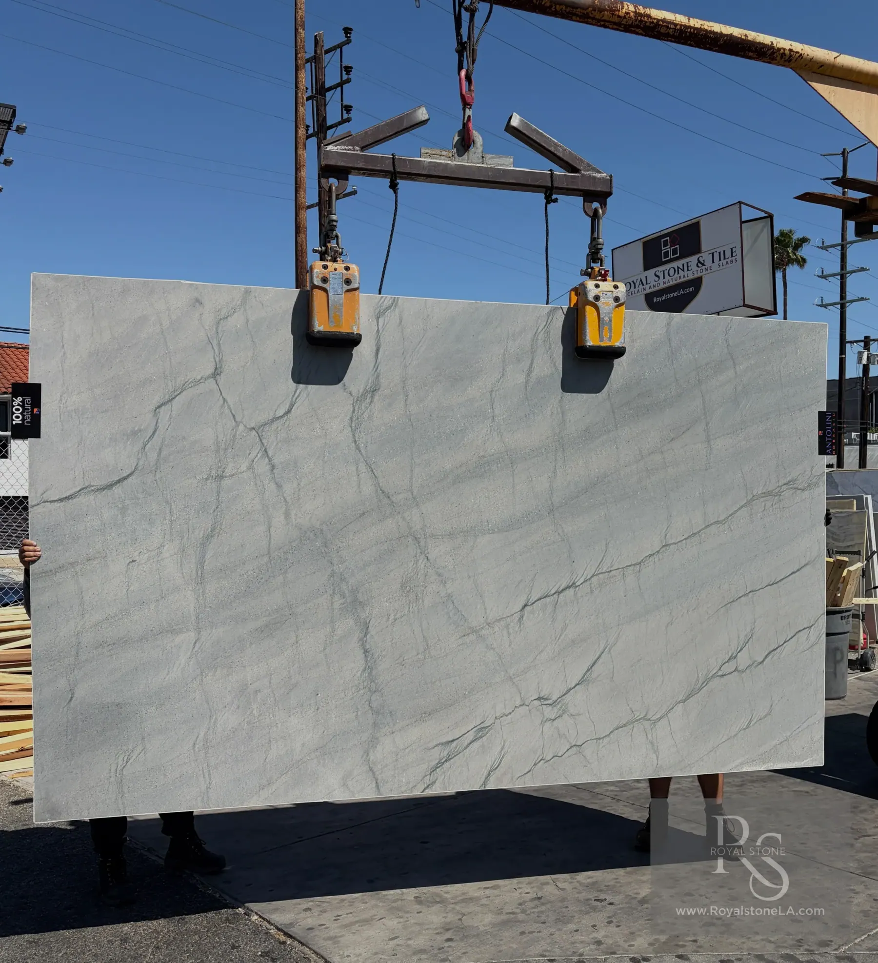 Antolini Aria Blue quartzite honed slab at Royal Stone, soft blue-gray field with linear silver banding