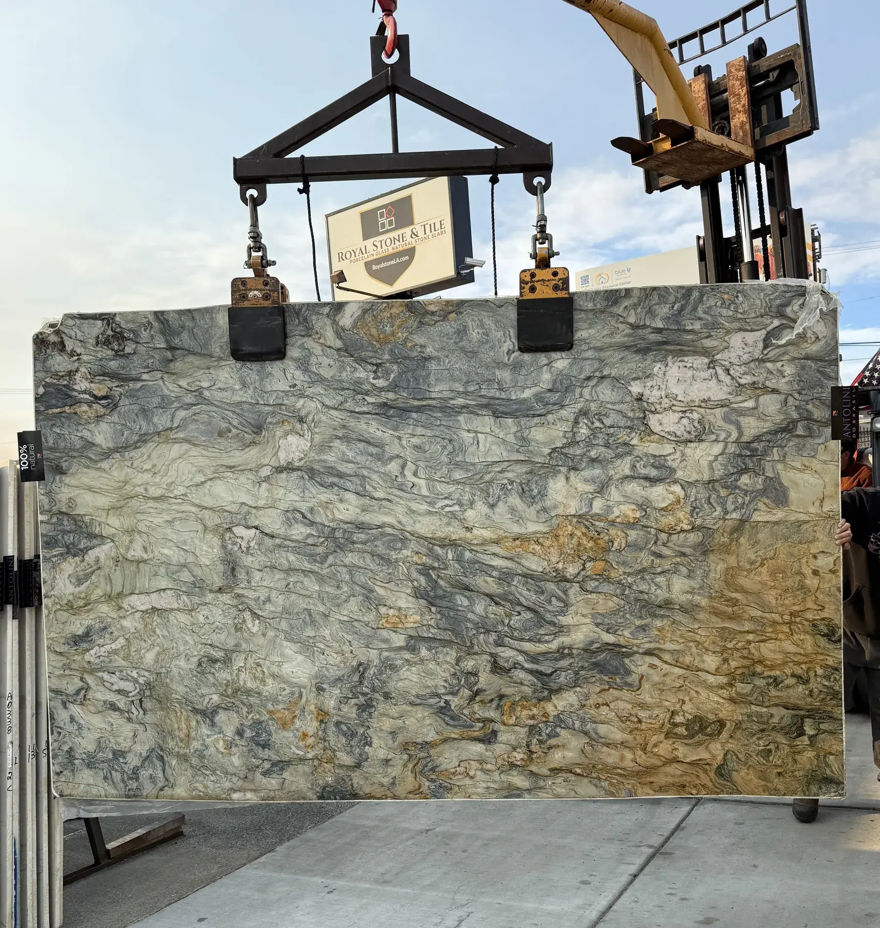 Antolini Fusion quartzite slab with painterly movement, honed finish