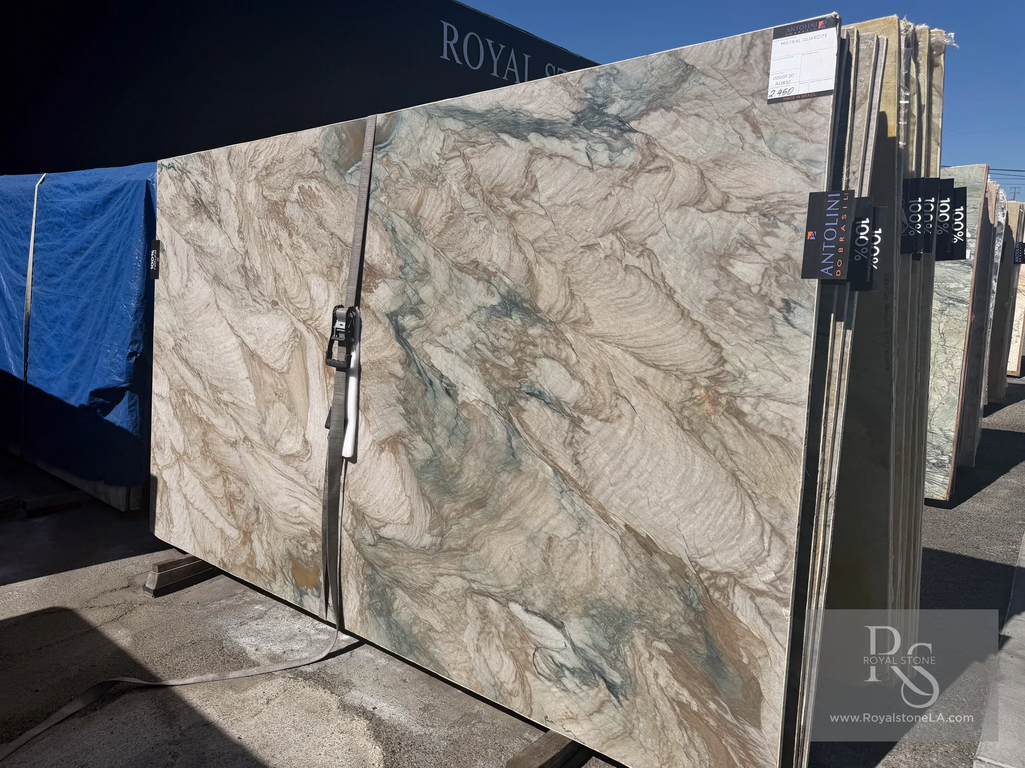2cm Antolini Mistral Creme AO892 polished quartzite slab, 76 by 129 inches, lifted from a new container at the Royal Stone yard in Los Angeles