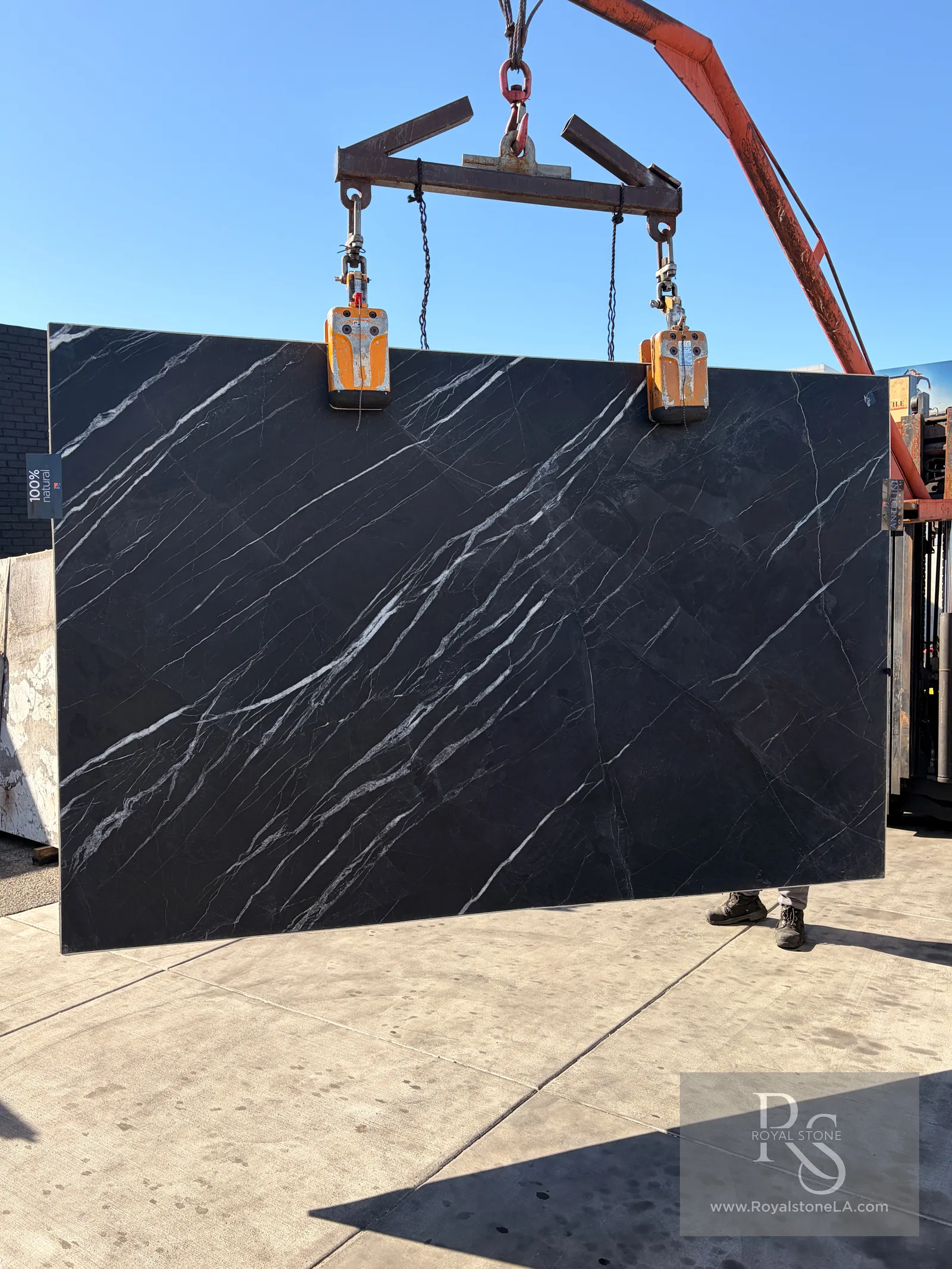 2cm Antolini Noirblanc Soft Quartzite slab, lot AO265, honed finish, about 77 by 119 inches, lifted at the Royal Stone yard in Los Angeles