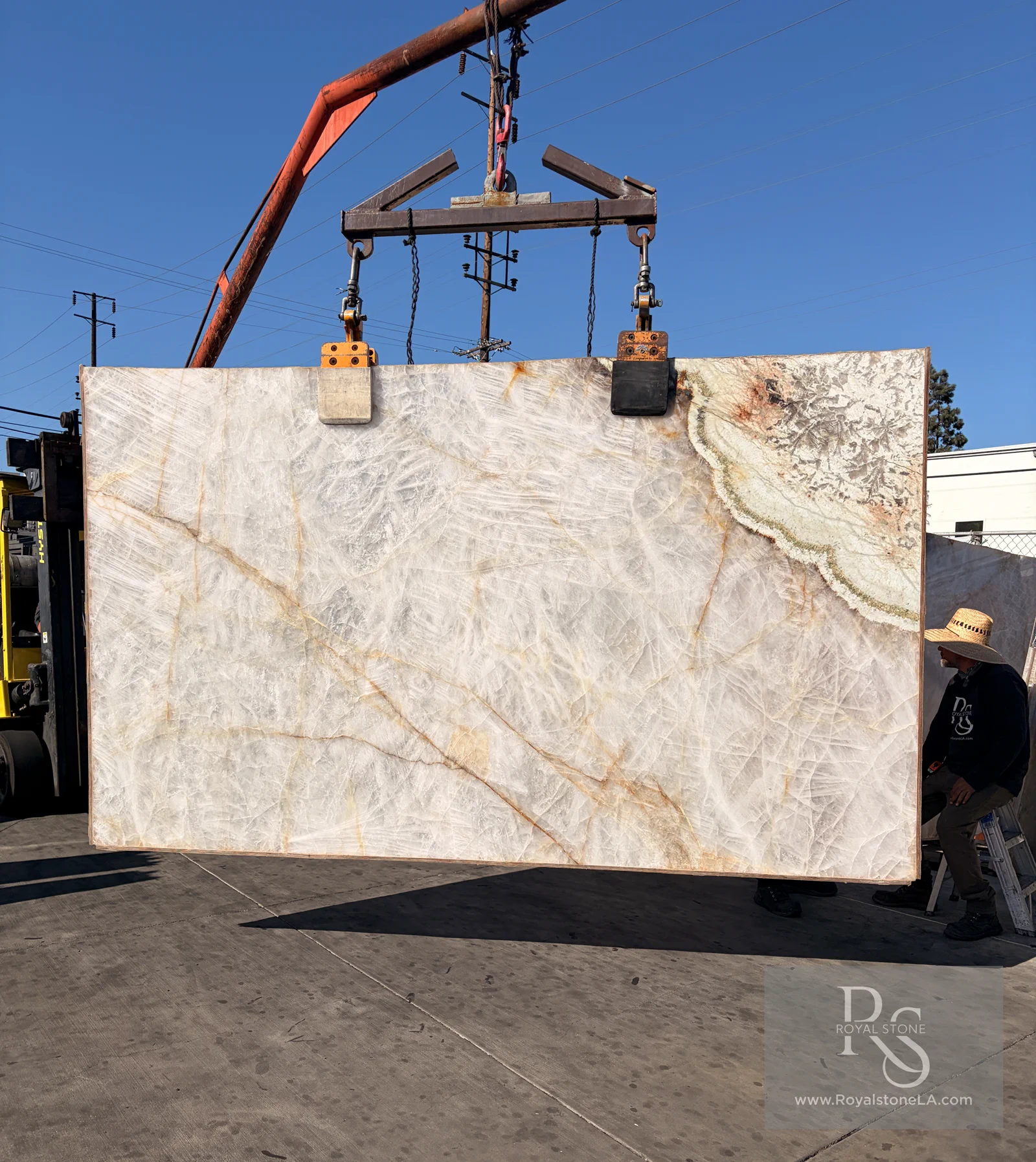 2cm Antolini Patagonia Vitrum Cristallo AO177 polished quartzite slab, 77 by 130 inches, photographed at the Royal Stone yard in Los Angeles