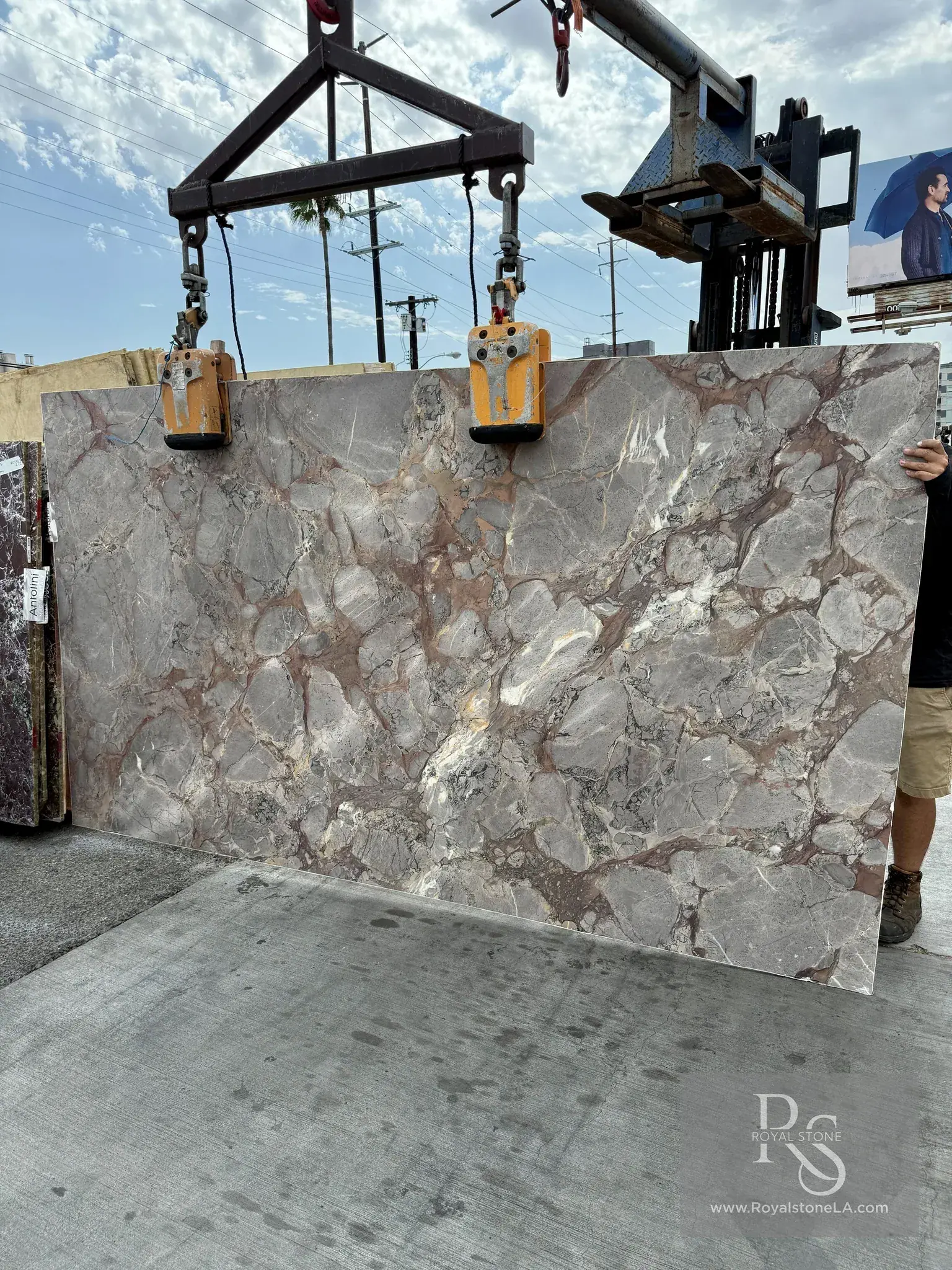 Antolini Brèche Sarrancolin honed marble slab — grey and rose breccia in bronze-amber matrix, 117 by 66 inches
