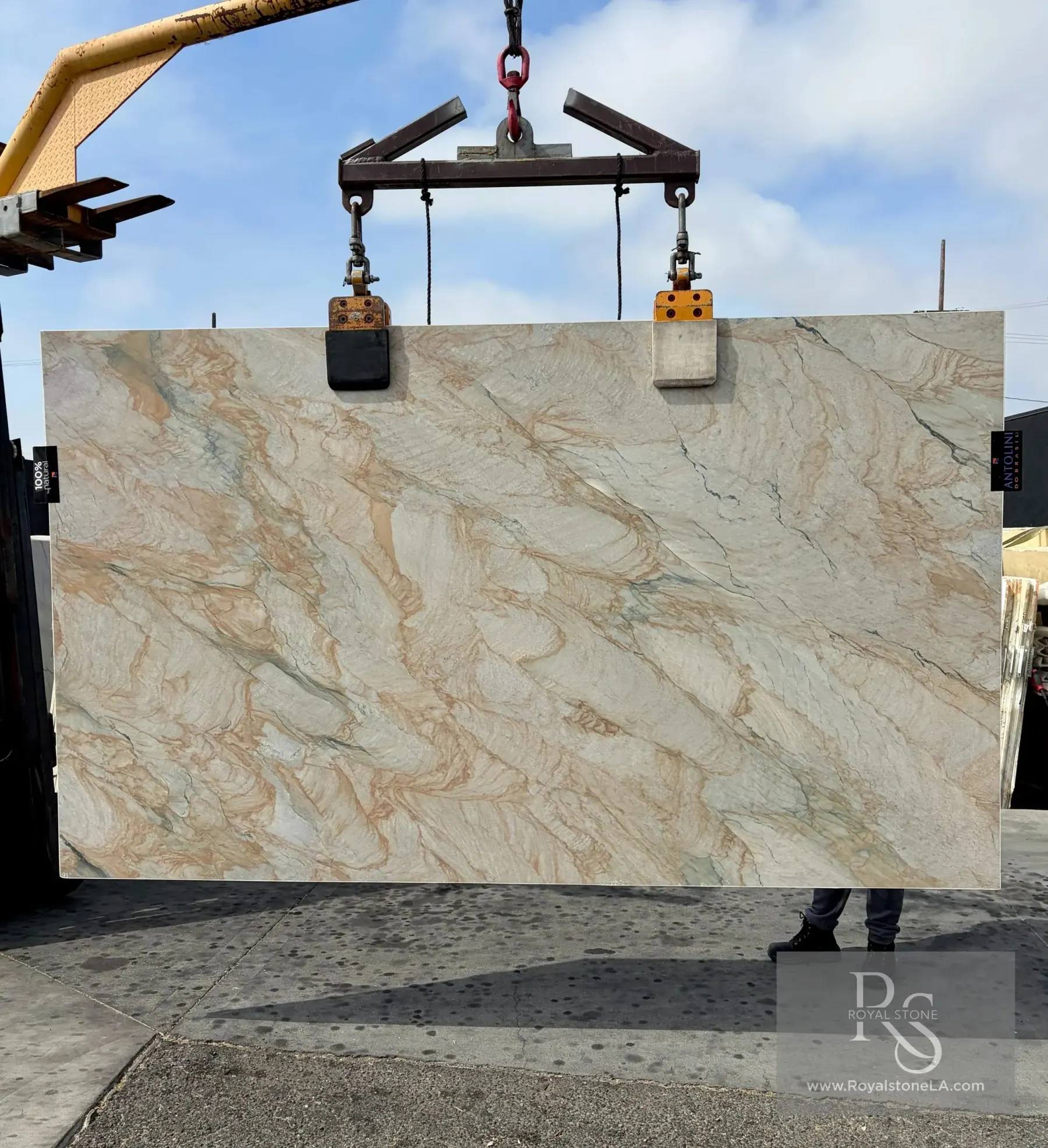 Antolini quartzite selections in the Royal Stone yard, Taj Mahal Cristallo and Patagonia cuts on display