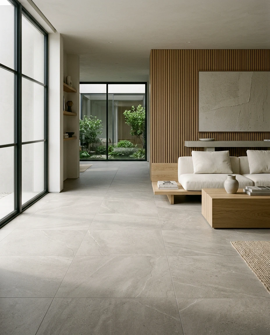 Refin Sublime Home 48-inch by 48-inch large-format porcelain tile in a warm-grey concrete-look finish, installed across an open contemporary living space at Royal Stone