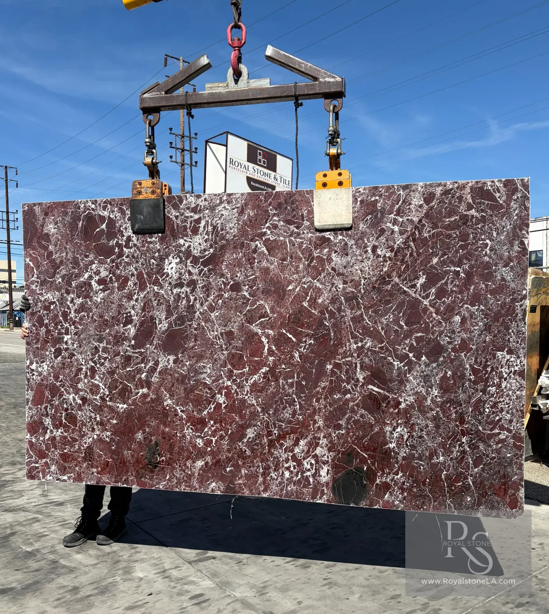 Rosso Levanto Select Grade Campolonghi honed marble slab — deep burgundy field with white calcite veining, 71 by 118 inches