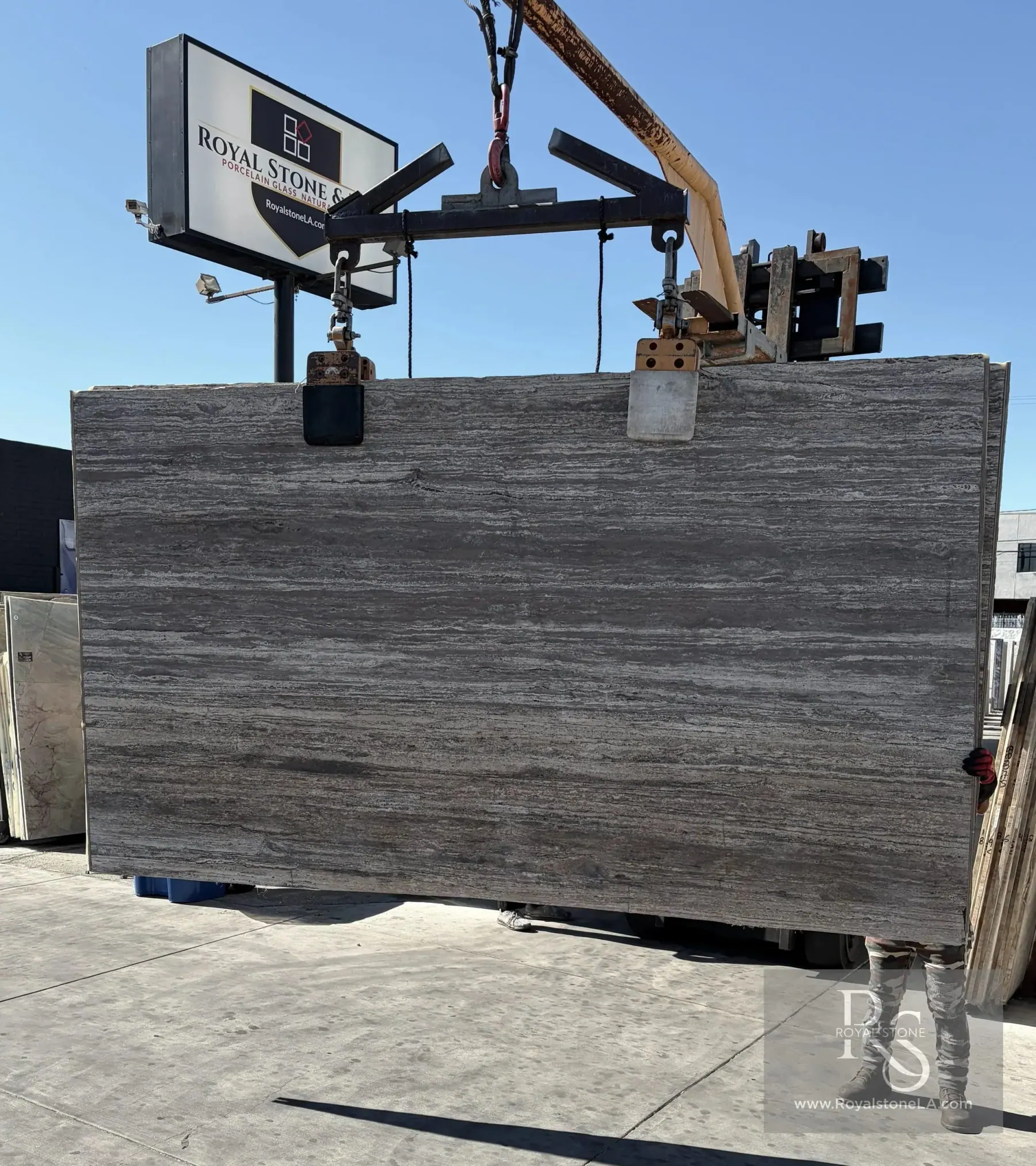 Antolini Travertino Titanium slab at Royal Stone Los Angeles