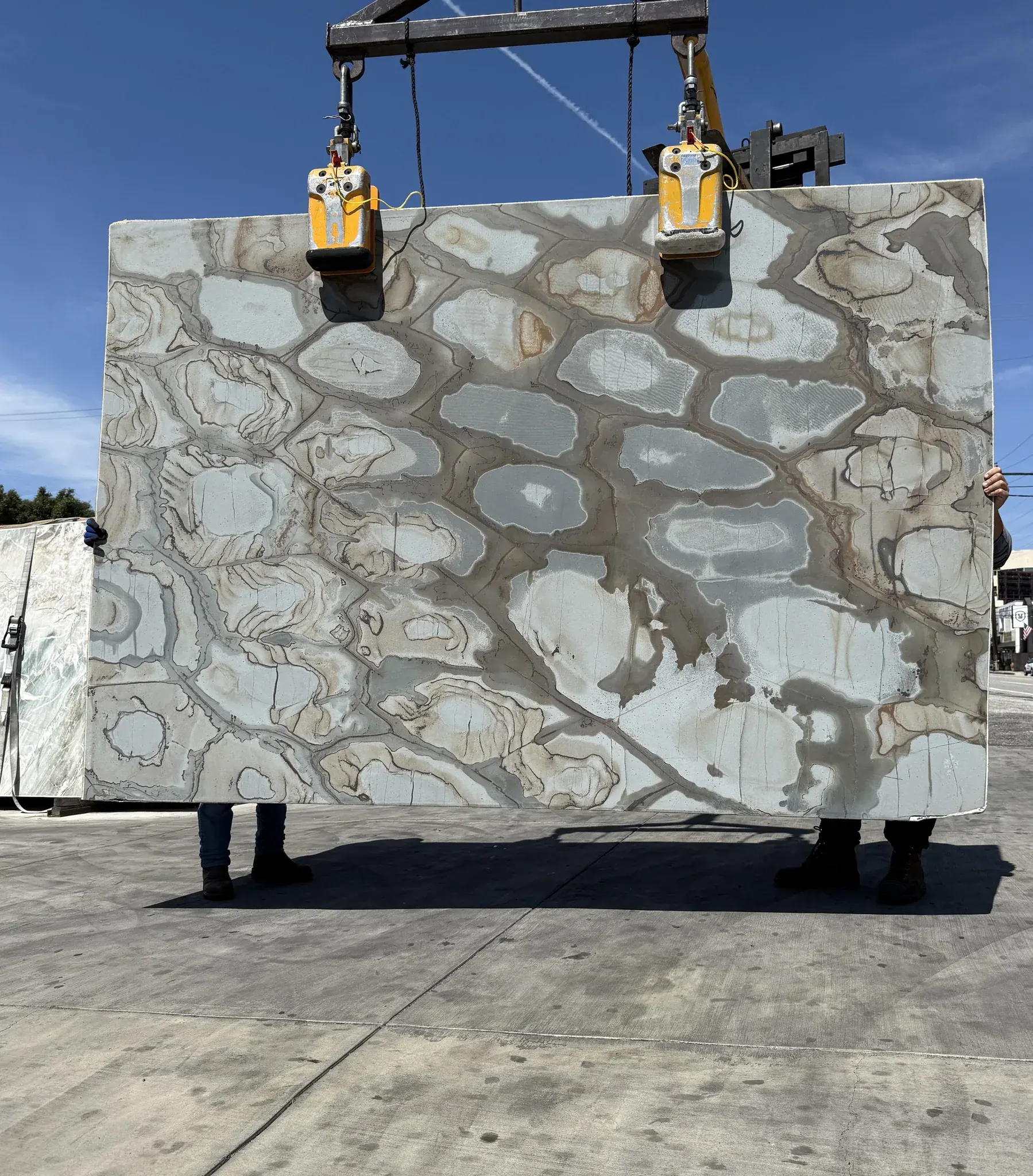 Antolini Turtle Illusion quartzite slab on the crane, pale celadon and sand cellular pattern outlined in russet brown, honed finish, 72 by 110 inches