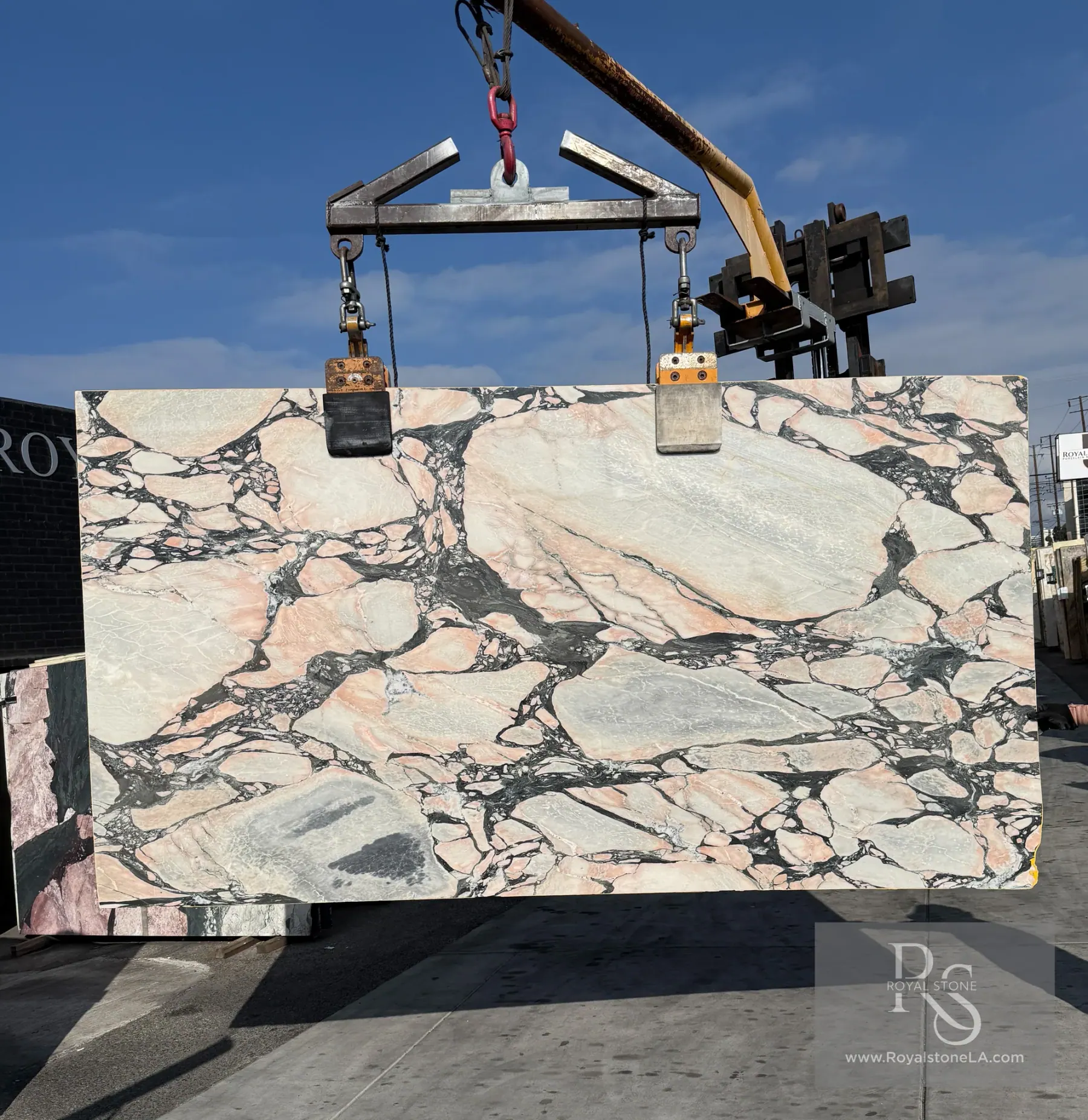 Viola Antico Paonazzo marble slab, Noir Rose polished — ivory and rose breccia with black serpentine veining, 66 by 124 inches