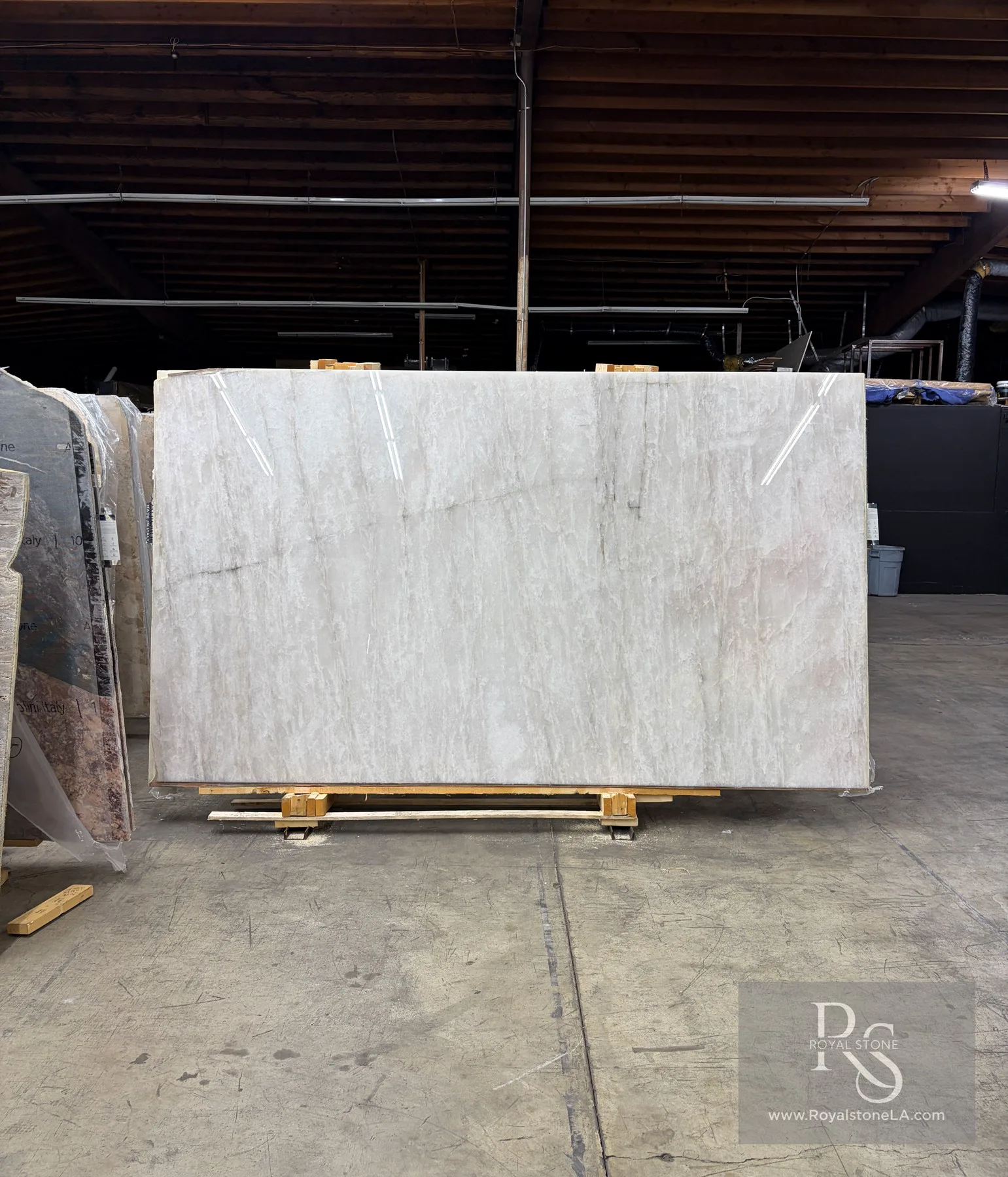 Antolini White Cristallo Bianco polished quartzite slab YG756, 78 by 135 inches, at Royal Stone Los Angeles