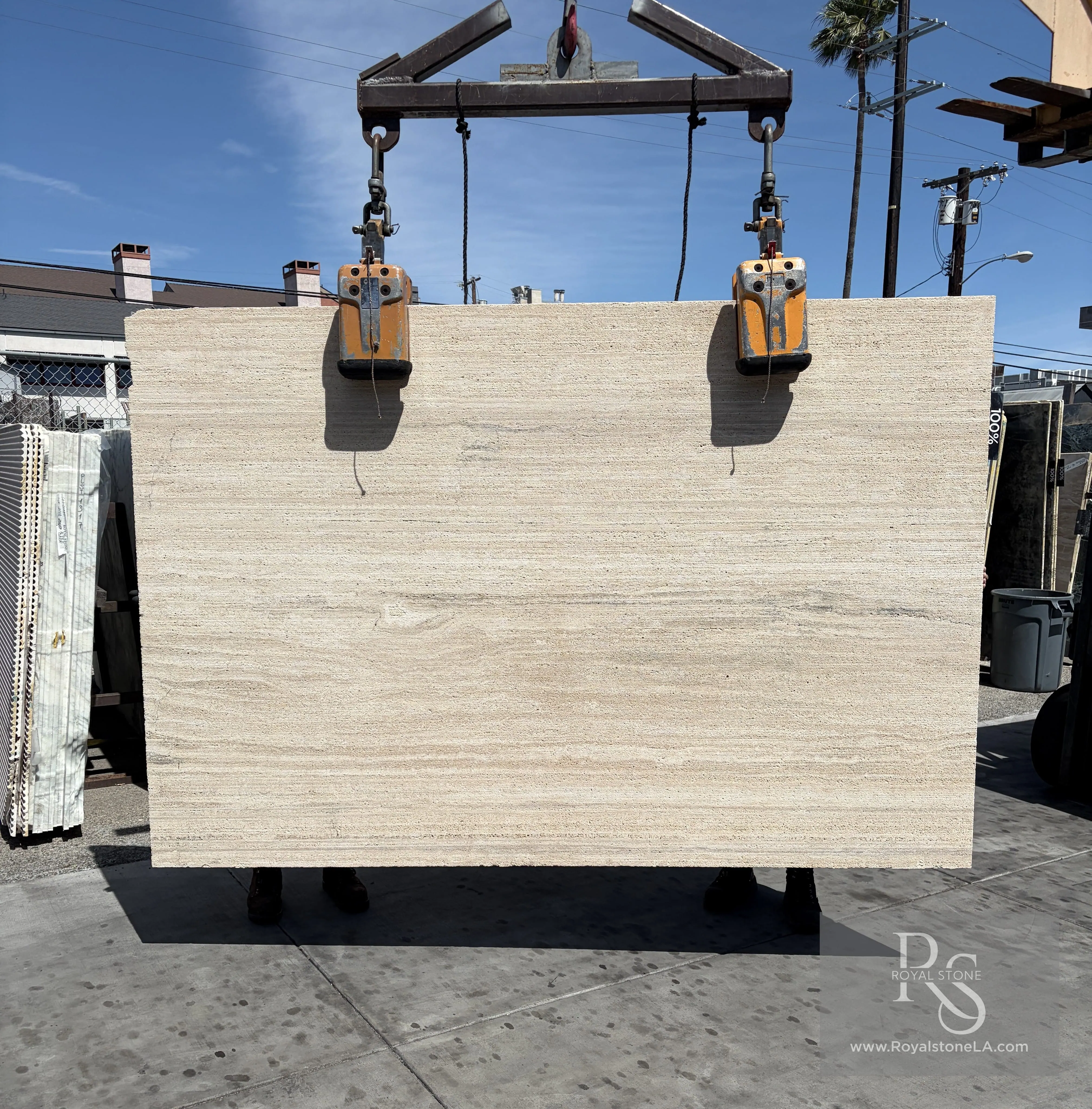 Vein-cut travertine slab at Royal Stone