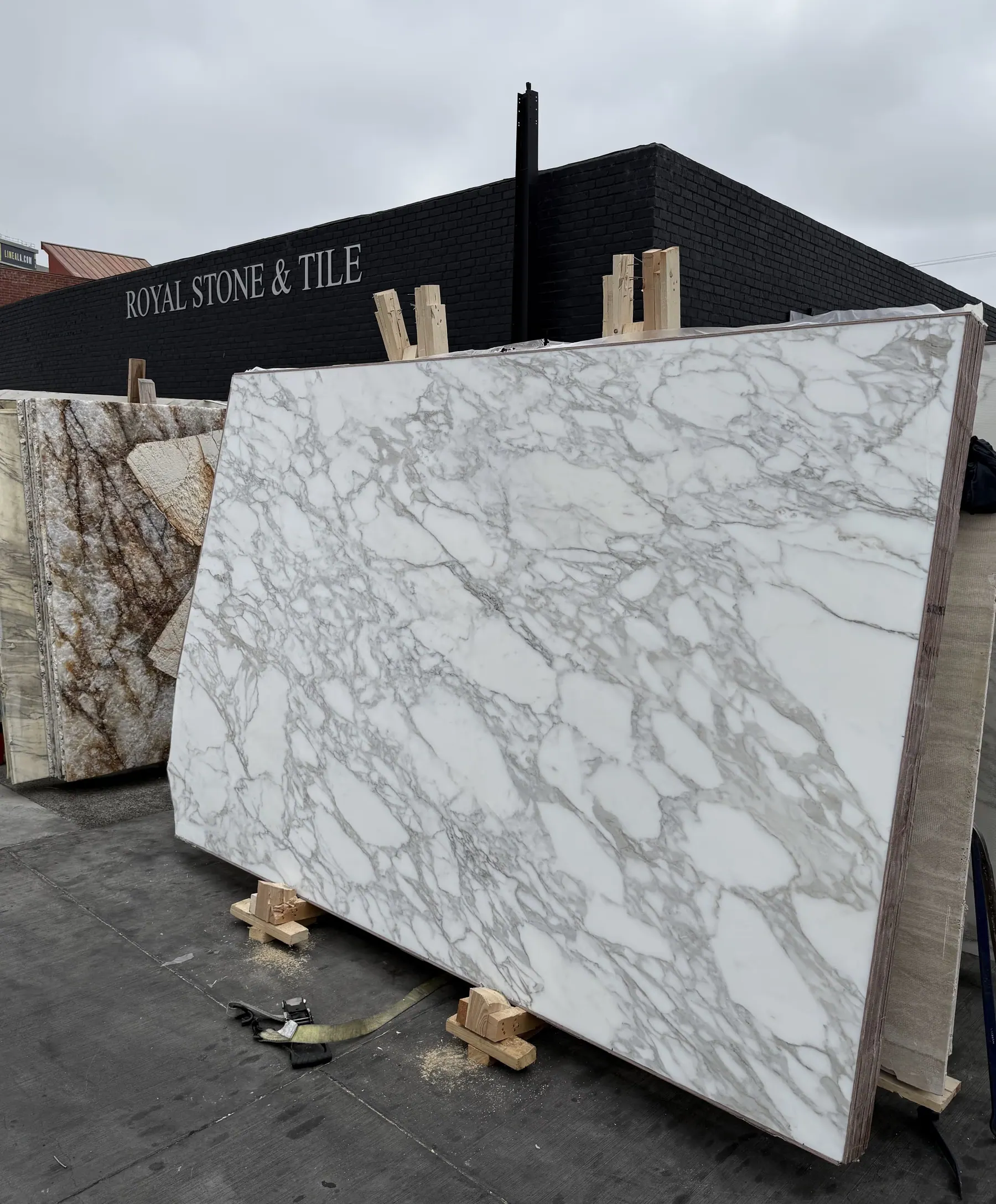 Calacatta Borghini and Monet marble slabs shown alongside Viola for comparison