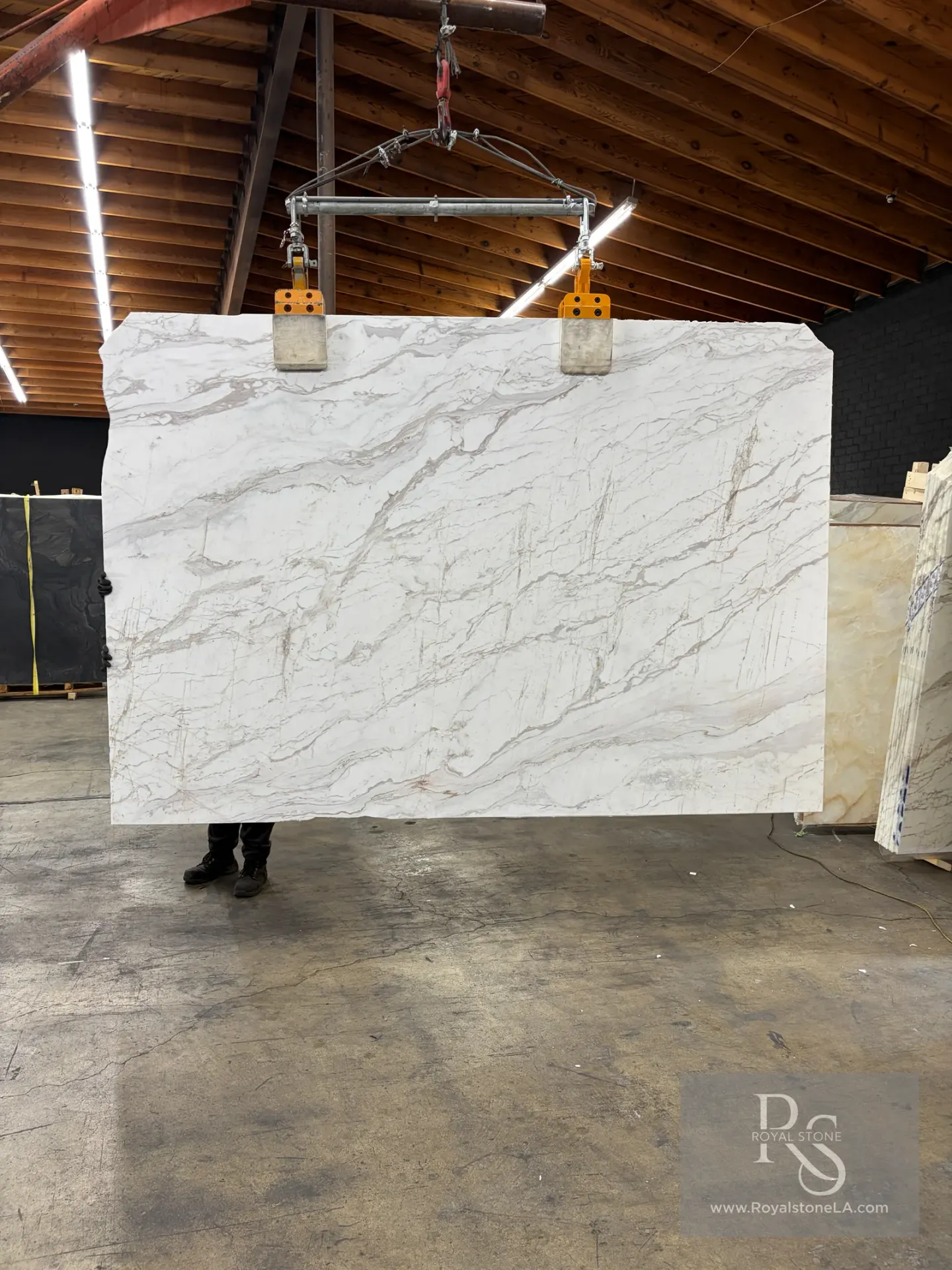 Calacatta Oro Soft Vein marble slab at Royal Stone Los Angeles