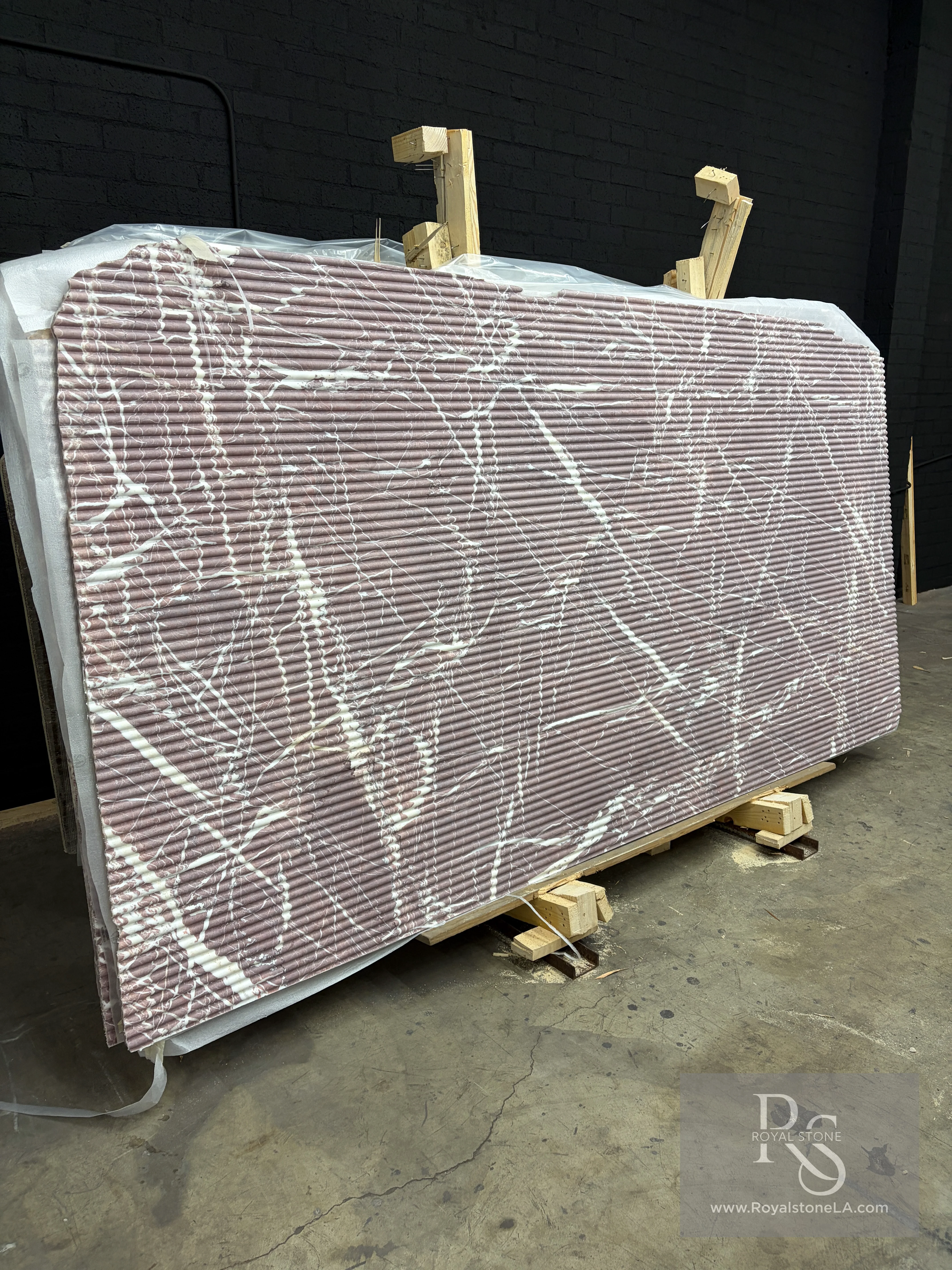Rosso Alba 3D Fluted marble slab at Royal Stone Los Angeles