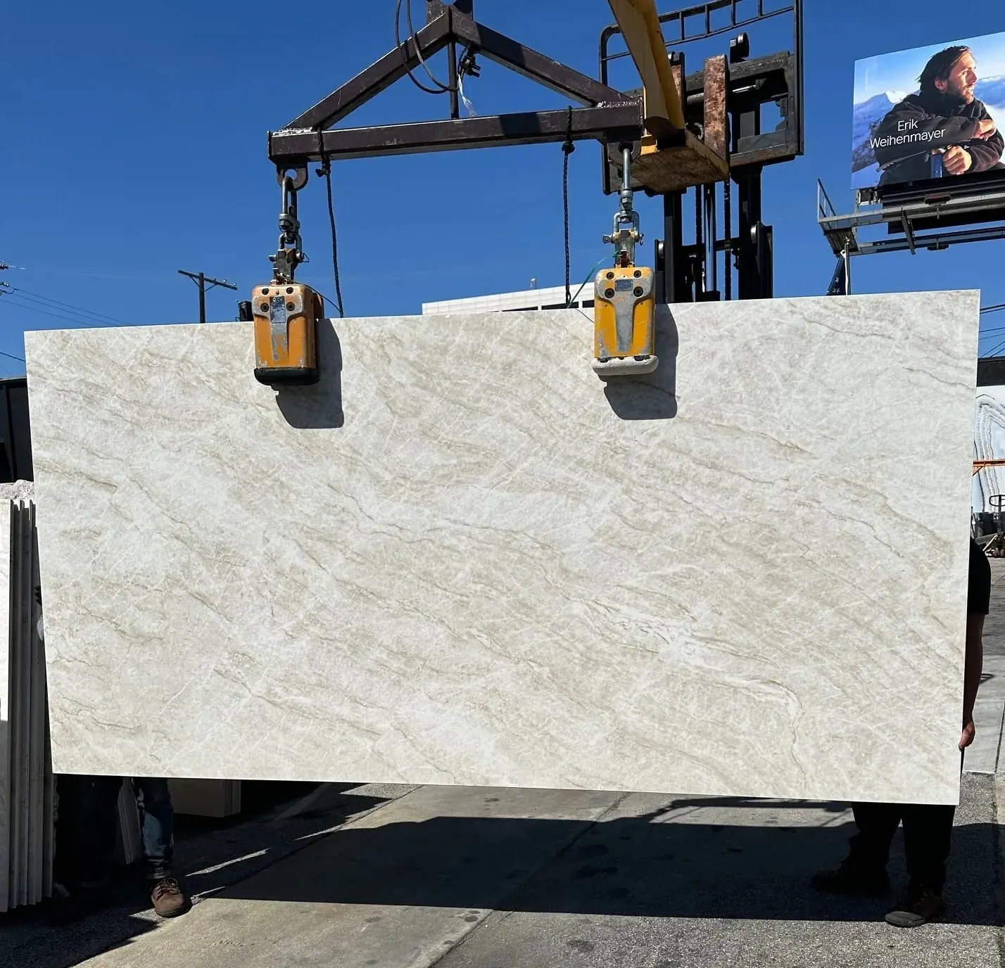 Taj Mahal large-format Italian porcelain slab at Royal Stone yard