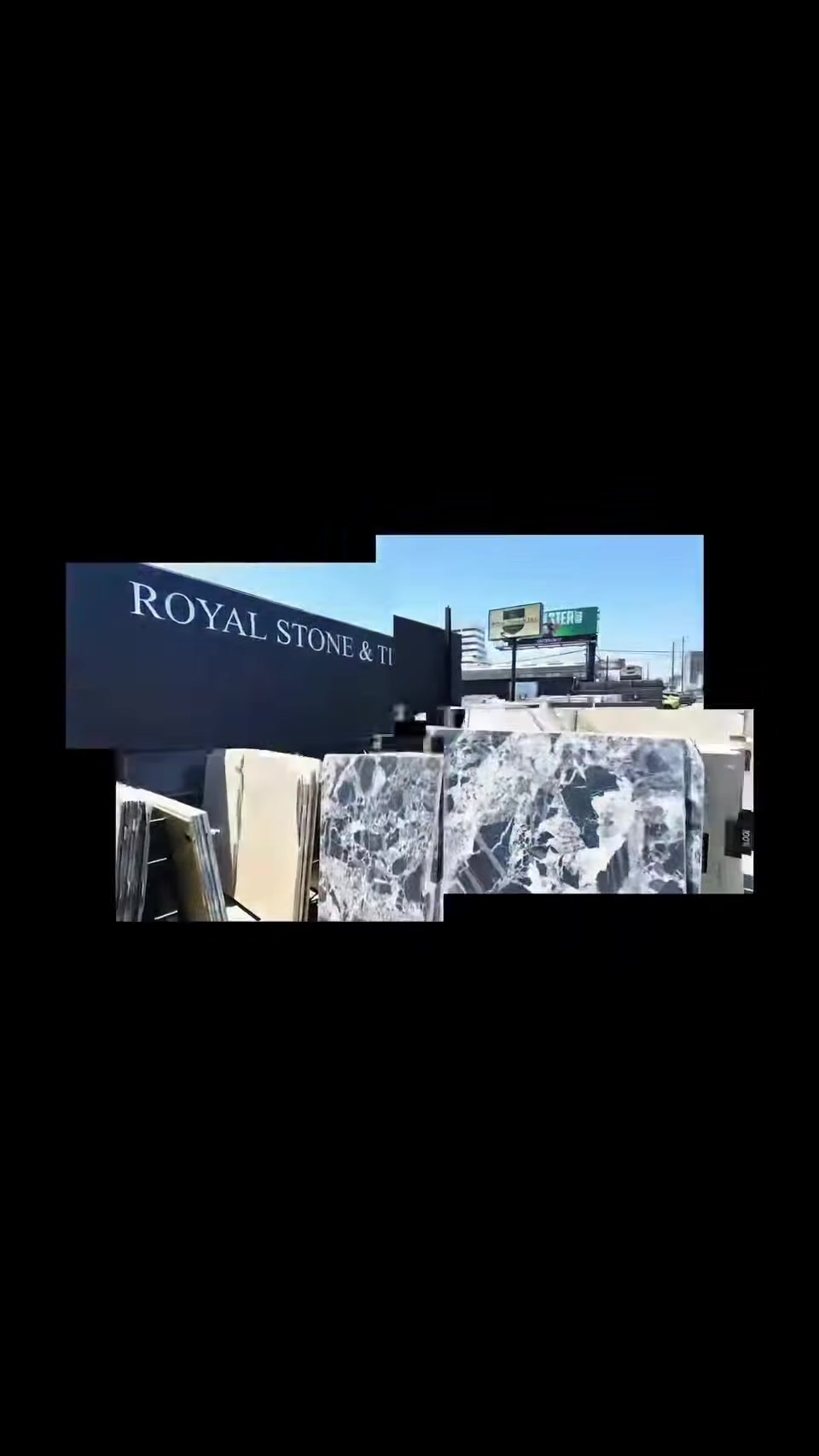 Aerial view of Royal Stone and Tile’s West Los Angeles slab yard with rows of hand-selected stone slabs